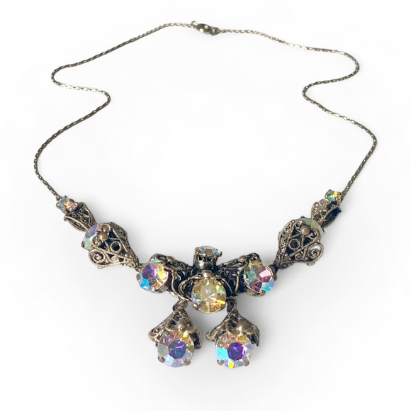 Vintage Czech Filigree Cone Aurora Borealis Rhinestone Silver Tone Necklace. - Picture 1 of 7